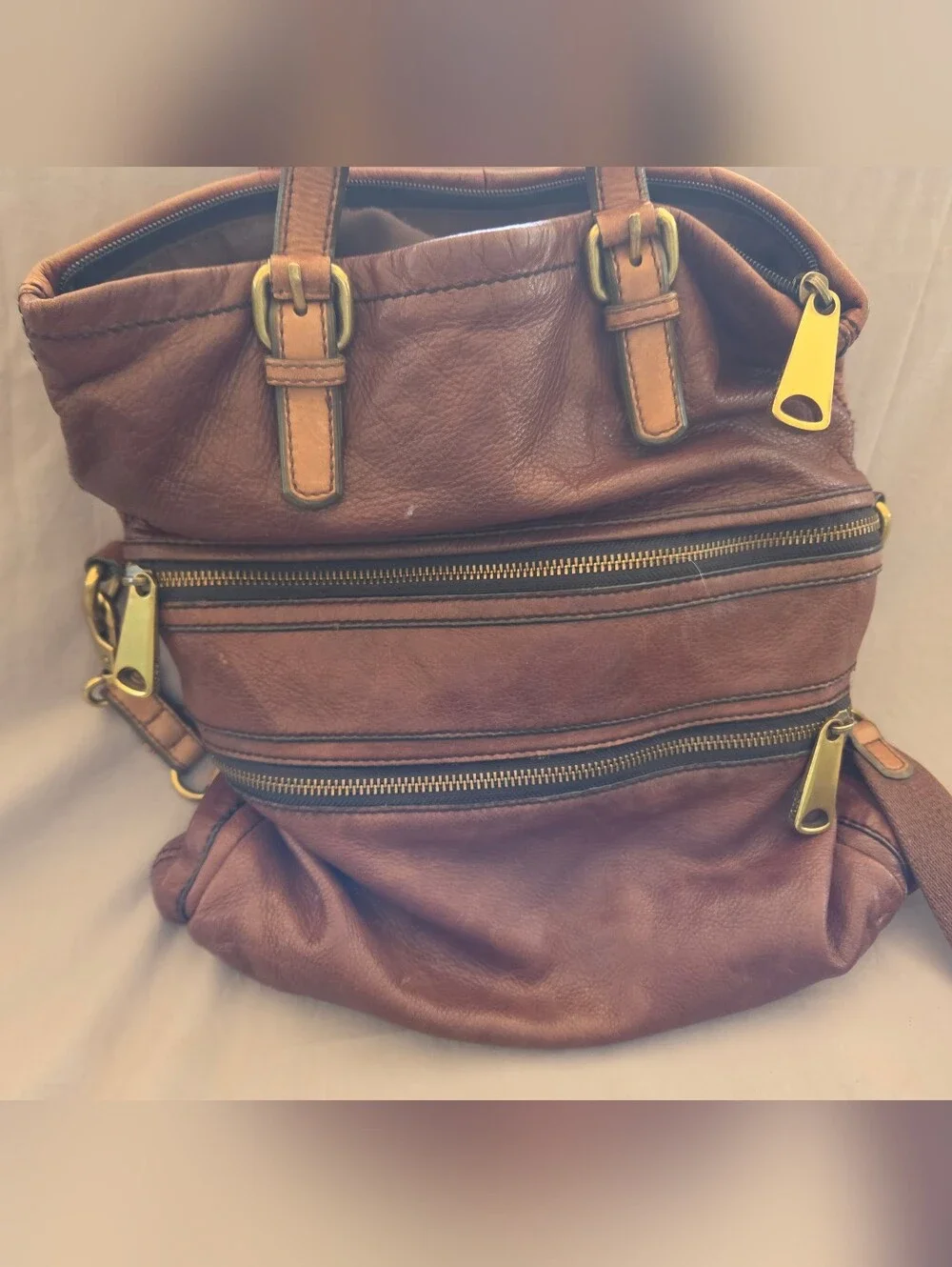 Brown Leather Messenger Bag with Brass Accents By Fossil
